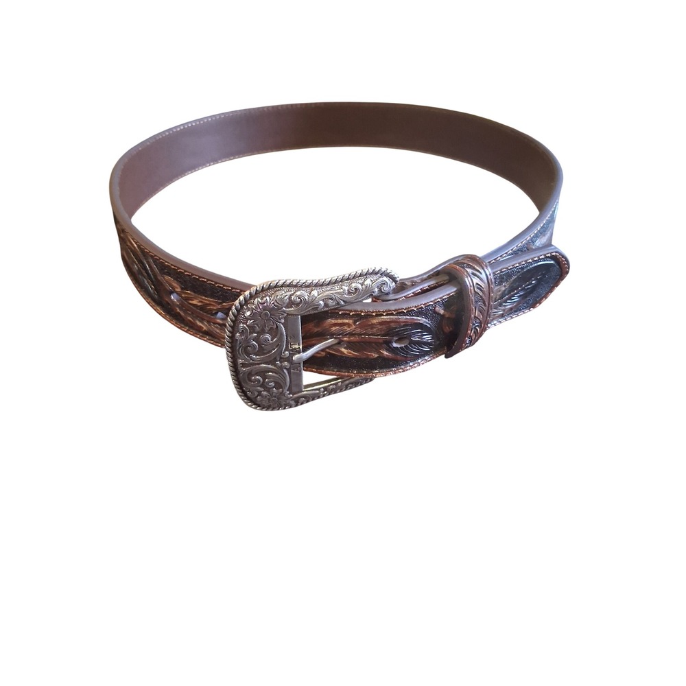 Ariat Mens Western Feather Embossed Leather Belt Brown Silver Buckle A1029608 32